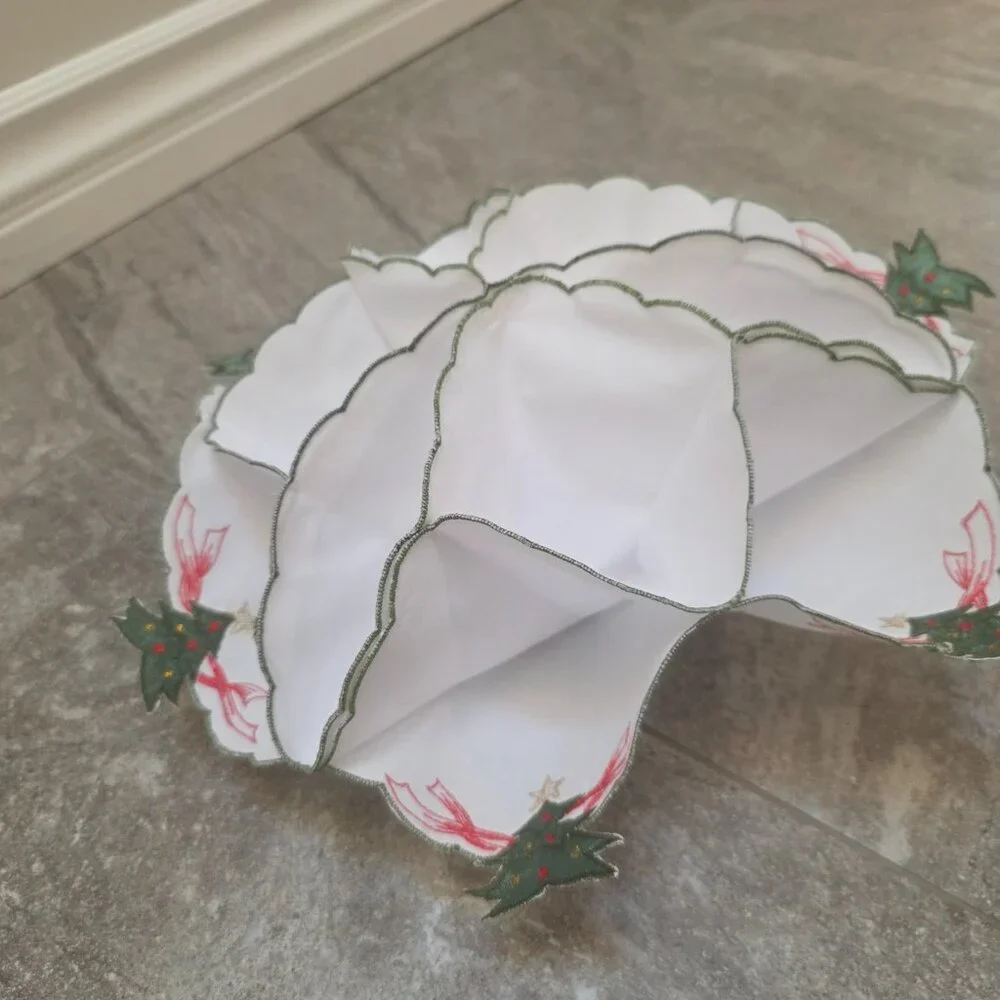 VTG Christmas Fabric Dinner Roll Cozy Holder Liner Embroidered Red Green Tree